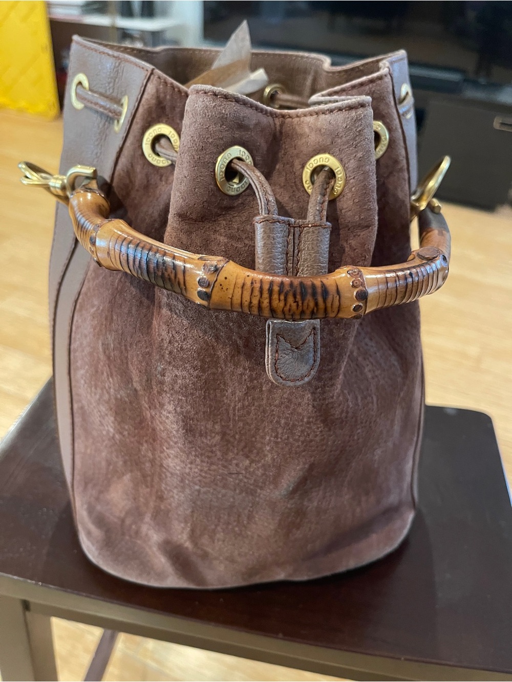 Gucci Brown Suede Bamboo-Handle Bucket Bag w/Entrupy